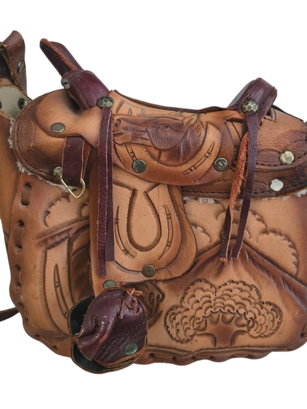 Hand-Tooled Leather Crossbody Bag in Tan and Burgundy - Picture 2 of 4